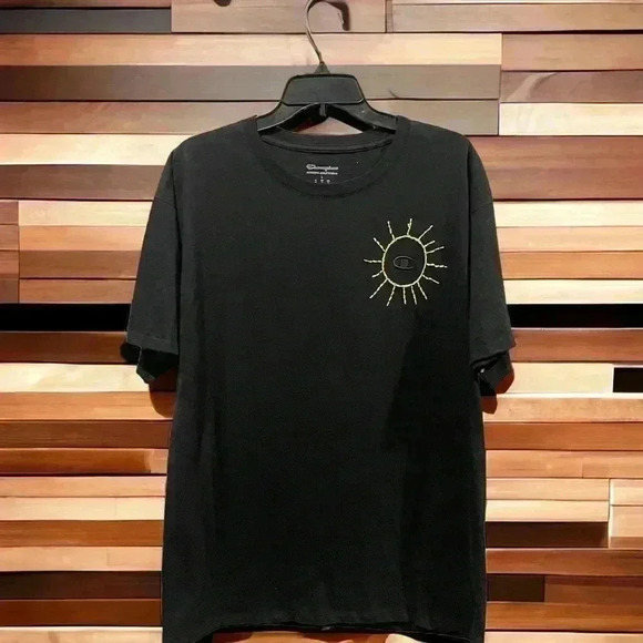 Champion Black Men’s Size Large T-Shirt With Cool Hand-Embroidered Sunshine. - Picture 1 of 5